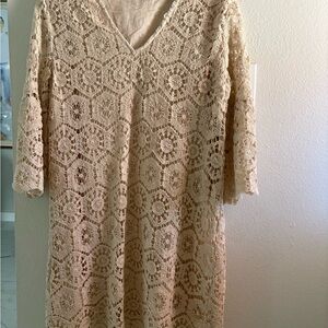 Karen Kane Beige Crochet Lace Long Sleeve Dress Cotton Lined Elegant